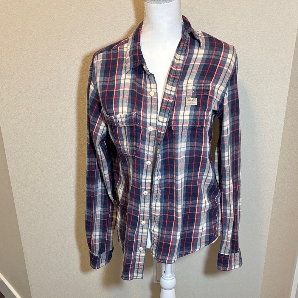 Men's Navy, White & Red Plaid Button-Up Shirt